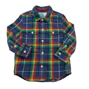 Boden Flannel Shirt Boys 3-4 Y Blue Green Plaid Button Up Long Sleeve Cotton